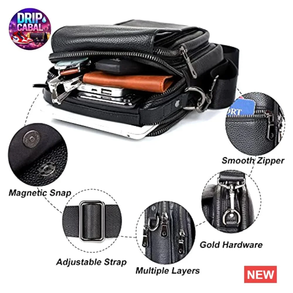 Leather Small Messenger Bag Crossbody Sling Travel Daypack Magnetic Buckle